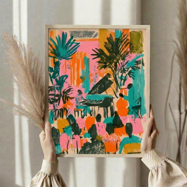 Vibrant Y2K-inspired poster blending jazz-era retro aesthetics with tropical flora including cacti and plants rendered in bold pink, orange, and teal abstract forms.