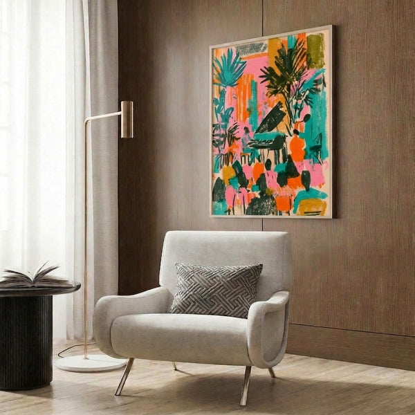Playful abstract botanical print in cream, pink, teal, and black depicting a tropical desert garden with stylized cacti and wildlife in contemporary modern art style, displayed framed on wall.