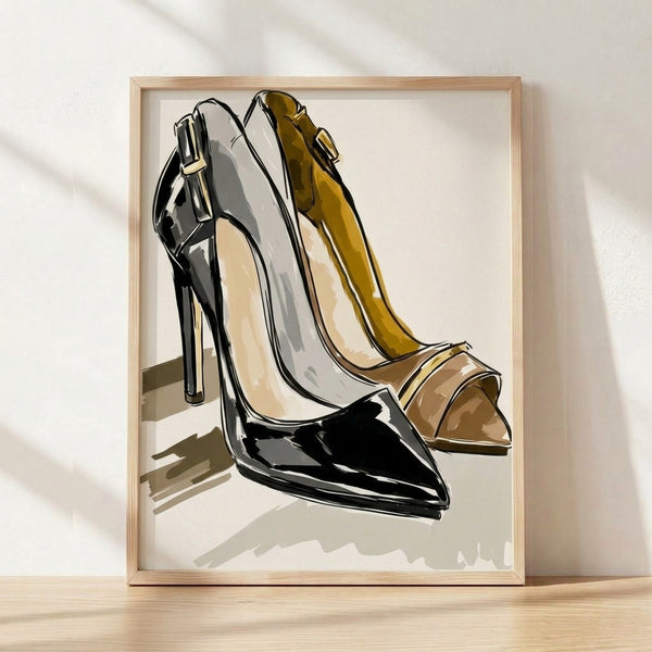 Minimalist line art illustration of elegant high heels in black and gold on a cream background, framed as a modern wall poster with a sophisticated, chic aesthetic.
