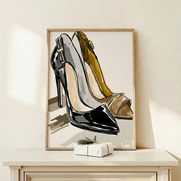 Stylish fashion illustration featuring sleek high heels rendered in simple black lines with gold accents, displayed as a framed contemporary art print in neutral tones.