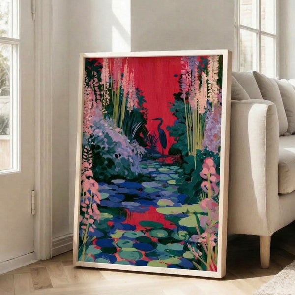Modern botanical wall art featuring an abstract heron among sage green and pink flowers reflected in still water, evoking a dreamlike contemplative mood.