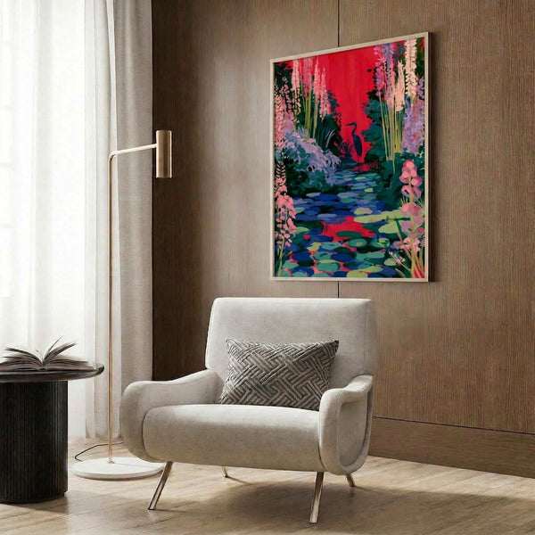Framed poster of a graceful heron in a wetland garden with blooming water lilies in crimson and coral hues, painted in a soft abstract style inspired by Studio Ghibli aesthetics.