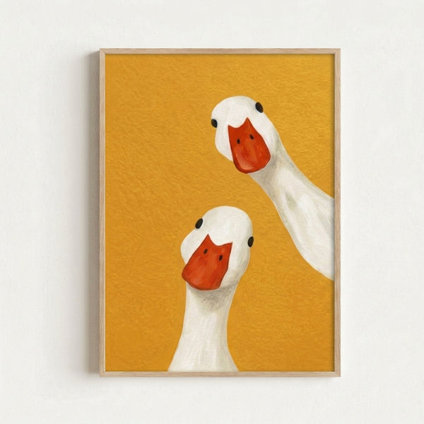 Contemporary wall art featuring a quirky duck duo in soft yellow and black tones, minimalist design with cheerful personality.