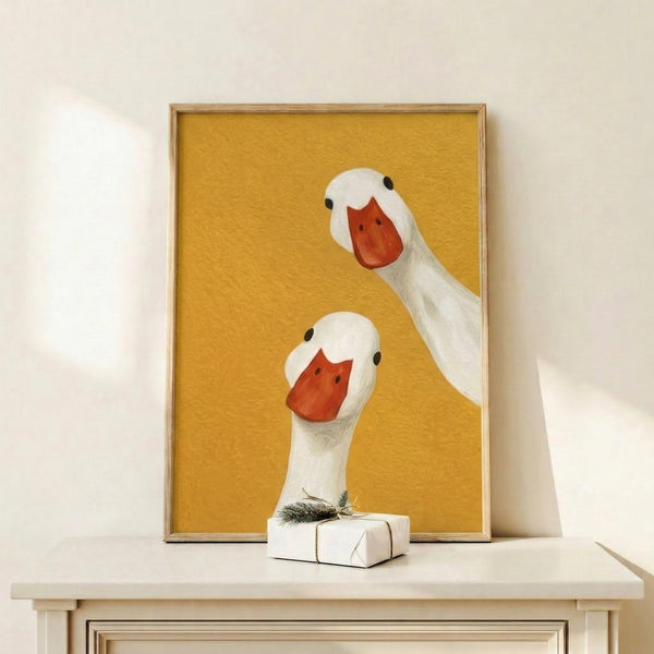 Cheerful bird portrait poster showing a goose pair in minimalist aesthetic, featuring soft yellows and red-orange highlights on clean white space.