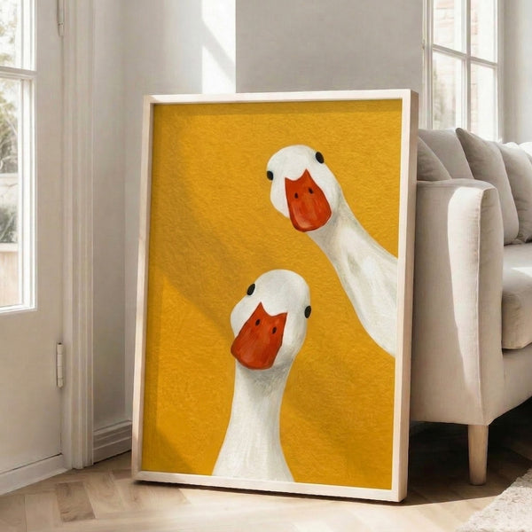 Modern animal art print with two playful ducks in golden yellow and black, minimalist composition with quirky, lighthearted mood.