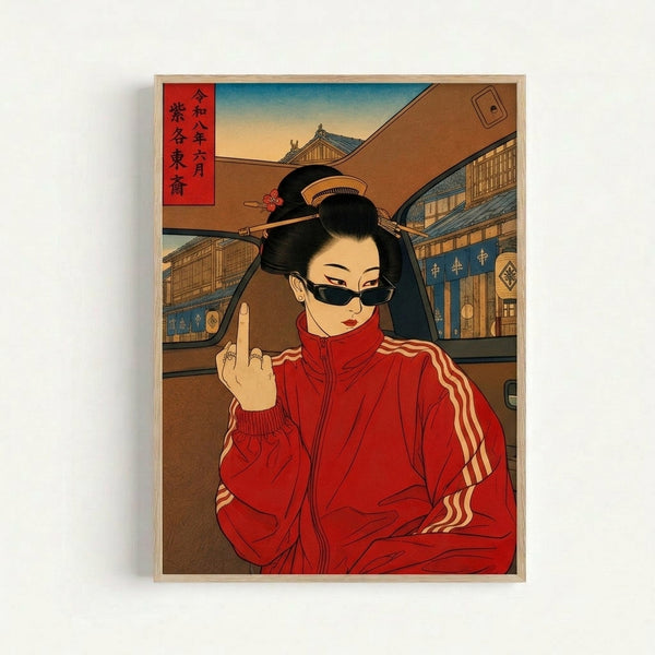 Framed art print combining Showa-era woodblock style with modern attitude: a geisha figure in teal, red, and tan against architectural elements, creating nostalgic yet edgy cultural imagery.