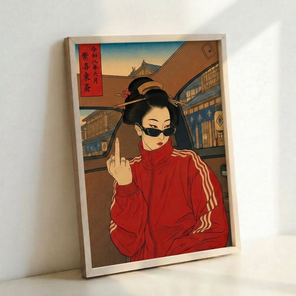 Japanese-influenced poster art in warm tan, black, and cream with a geisha character striking a cheeky pose, merging traditional heritage with bold, contemporary visual language.