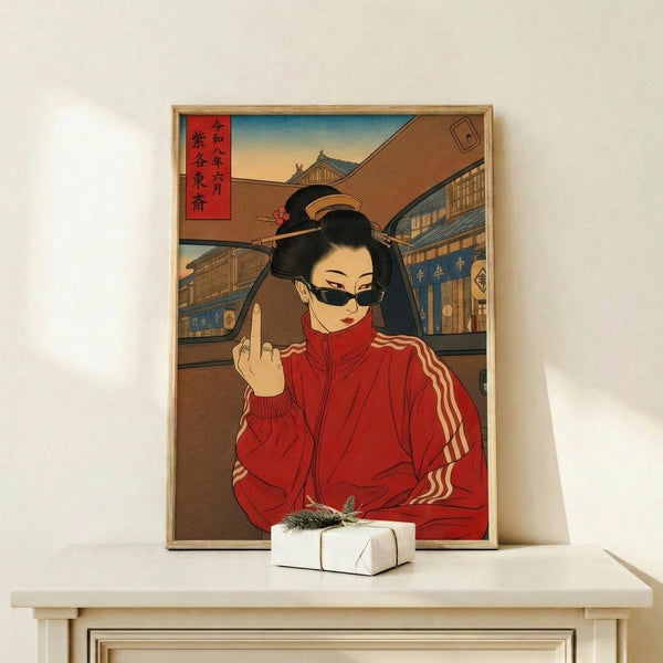 Woodblock-style wall art featuring a geisha in rich red and cream hues amid temple and urban elements, capturing rebellious energy within classical Japanese aesthetic traditions.