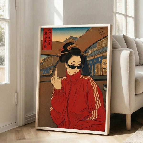 Retro-inspired art print blending Japanese woodblock techniques with modern attitude: geisha figure in teal accents and earthy tones, reimagining cultural iconography with irreverent flair.
