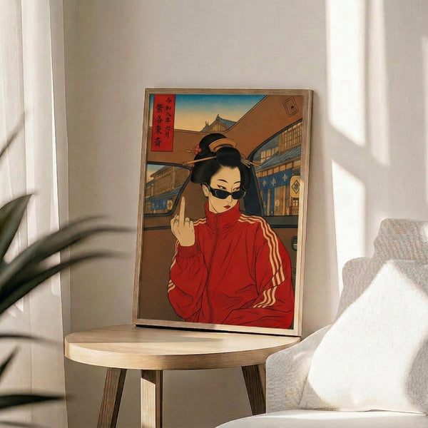 Framed poster showcasing a geisha in cream and red against architectural backdrops, styled as a contemporary take on Showa-era woodblock prints with bold, playful defiance.