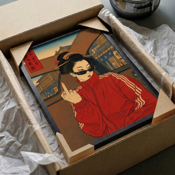 Japanese cultural art print rendered in vintage woodblock style with teal, tan, and black palette: a geisha figure exuding cool confidence against building silhouettes and nostalgic imagery.