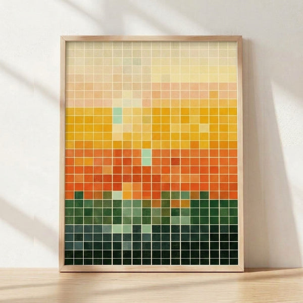 Framed abstract poster featuring a serene gradient grid of warm sunset hues transitioning from cream through golden yellow and burnt orange to cool forest green and teal tones.