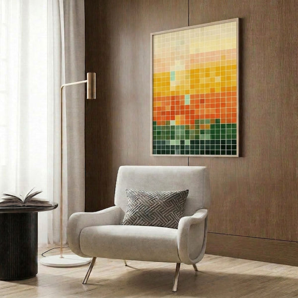 Modern minimalist art print with a peaceful color field study in soft creams, warm golds, and burnt oranges flowing into cool greens and deep teals in a gridded composition.
