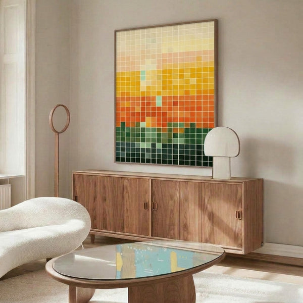 Calm, meditative abstract wall art displaying a harmonious gradient palette of cream, golden yellow, burnt orange, forest green, and deep teal in a contemporary grid format.