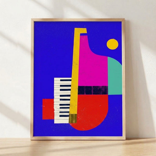 Bauhaus-style framed art print featuring geometric piano and saxophone shapes in electric blue, magenta, and yellow with a bold sun motif, conveying vibrant Y2K energy.