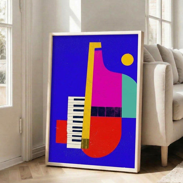 Modern Bauhaus poster with playful musical instruments rendered in teal, red, and bright yellow against a kinetic composition evoking retro-futurism.