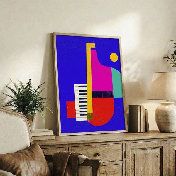 Framed geometric art print blending Bauhaus design with Y2K aesthetics, showcasing stylized piano and saxophone forms in electric blue and magenta tones.