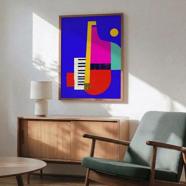 Contemporary Bauhaus-inspired wall art featuring abstract musical instruments in vibrant electric blue, red, and yellow, capturing energetic retro-futurist charm.