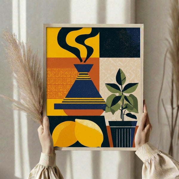 Contemporary Bauhaus poster showing an organized still life arrangement with teapot, plant, and lemon using golden yellow, rust orange, and navy color blocking.
