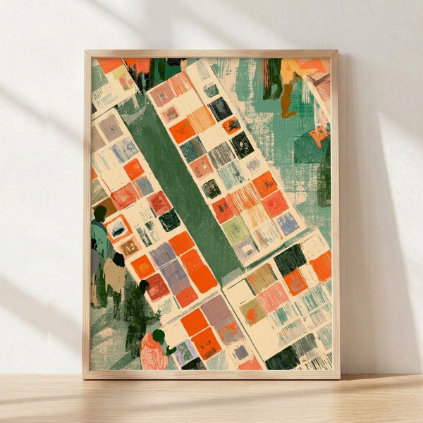 Abstract minimalist art print featuring geometric shapes in orange, teal, and cream tones arranged in a grid pattern, evoking an aerial view of a bustling market or library with calm, urban aesthetic.