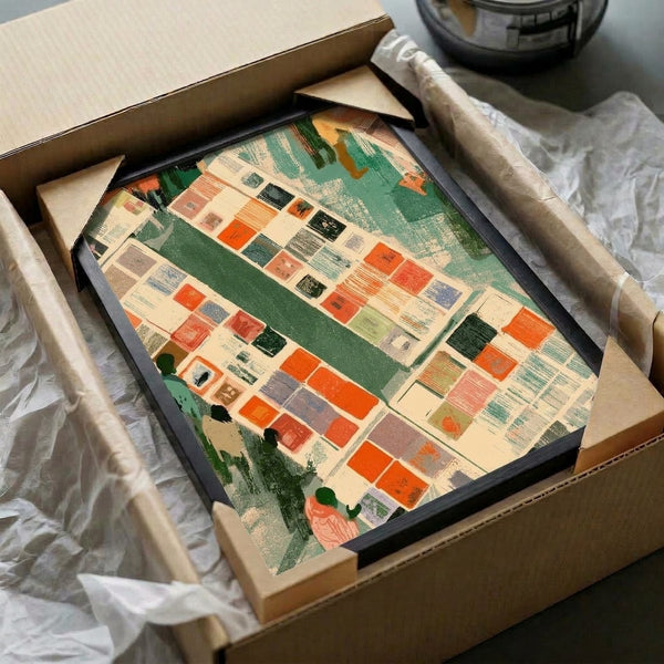 Contemporary minimalist poster featuring a geometric grid layout in rust, teal, orange, and cream tones, abstractly representing the structured energy of a crowded marketplace or reading space.