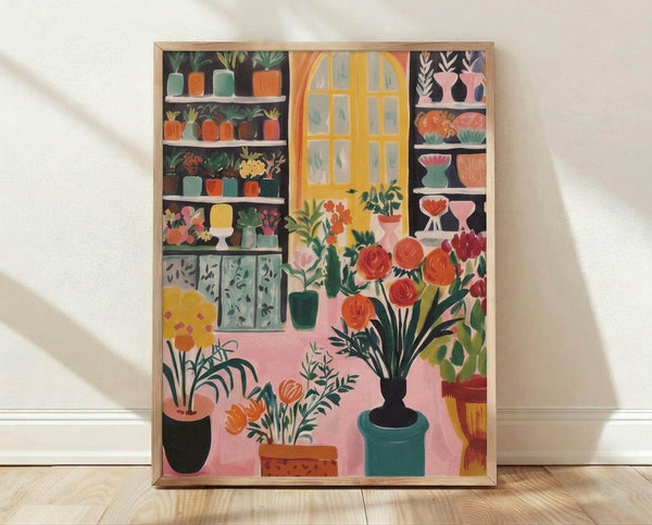 Modern minimalist poster of a sunny plant shelf displaying potted cacti, roses, and flowering plants in warm pink, yellow, and green tones against a cheerful domestic interior.