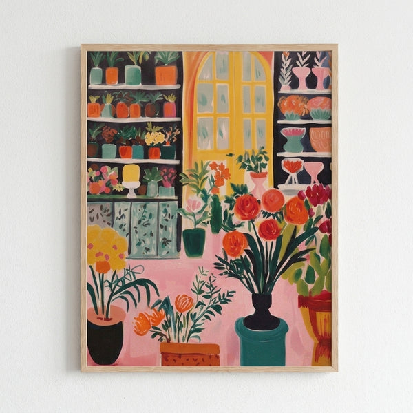 Framed botanical wall art featuring a cozy window-side garden with arranged potted flowers, succulents, and vases in a mid-century modern style with warm earth tones.
