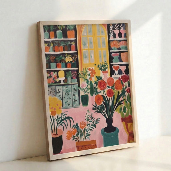 Colorful plant shelf illustration in minimalist style showing potted botanicals and blooming flowers in pink, orange, and green hues creating a cheerful home décor aesthetic.