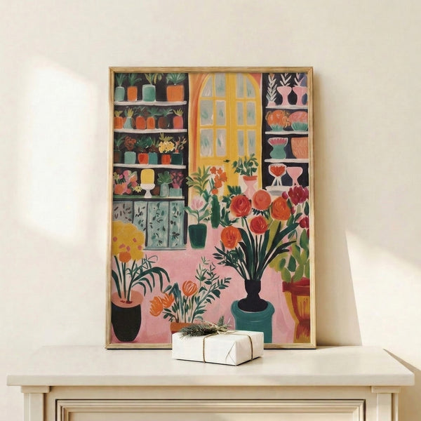 Botanical interior poster displaying an organized collection of potted plants and flowers on shelving with natural light, rendered in modern mid-century style with warm colors.