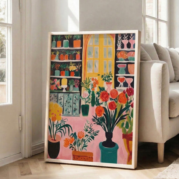 Cheerful framed plant art print depicting a curated shelf garden with cacti, roses, and flowering arrangements in vibrant pink, yellow, and green on a minimalist background.
