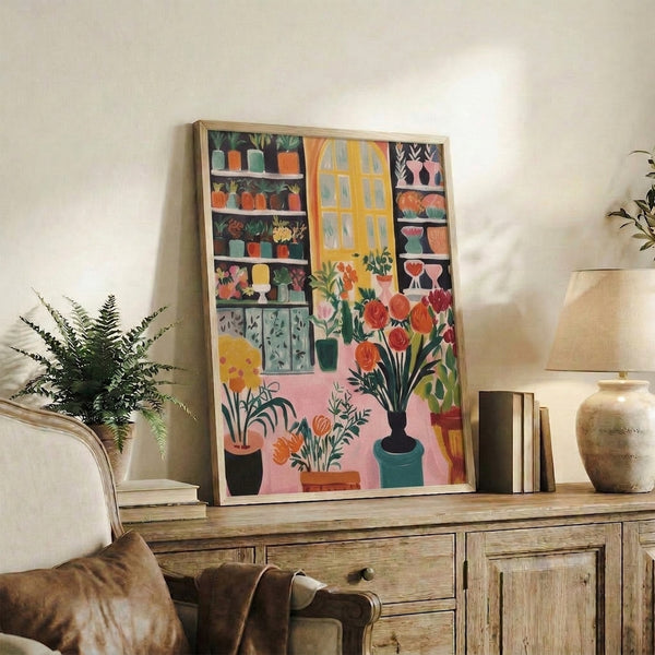 Modern wall art of an indoor plant collection featuring potted flowers, vases, and succulents arranged on shelves in a cozy, botanical-themed illustration.