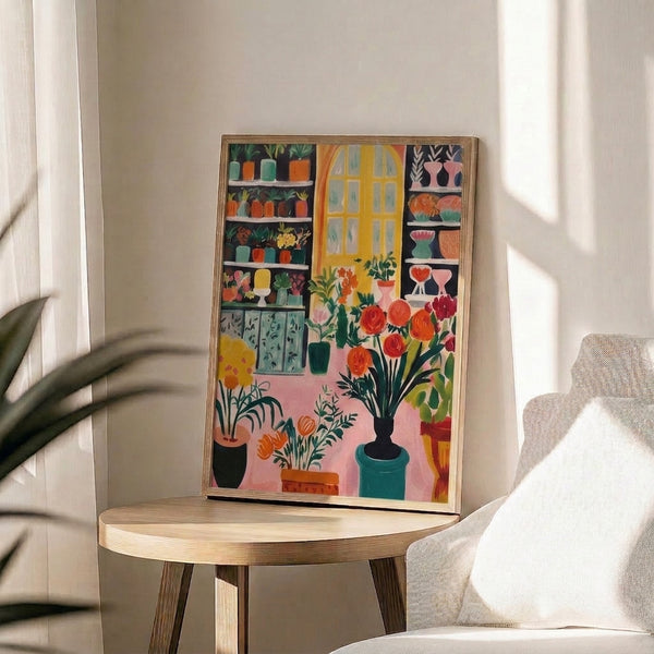 Minimalist botanical poster showcasing a bright plant-filled interior shelf with colorful blooms and greenery in warm tones creating a domestic, life-affirming artwork.