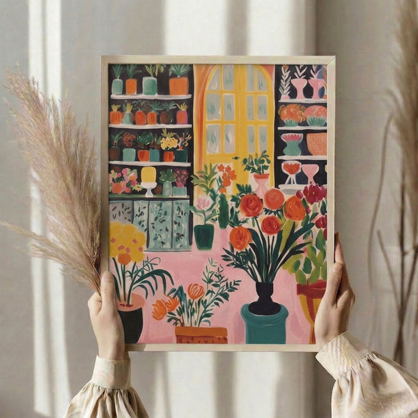 Framed plant illustration in contemporary style showing a sunny domestic garden shelf with roses, cacti, and potted botanicals in cheerful pink, orange, and green colors.