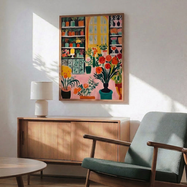 Modern botanical wall print featuring an artfully arranged indoor plant display with flowers and foliage in a mid-century minimalist aesthetic using warm earth tones.