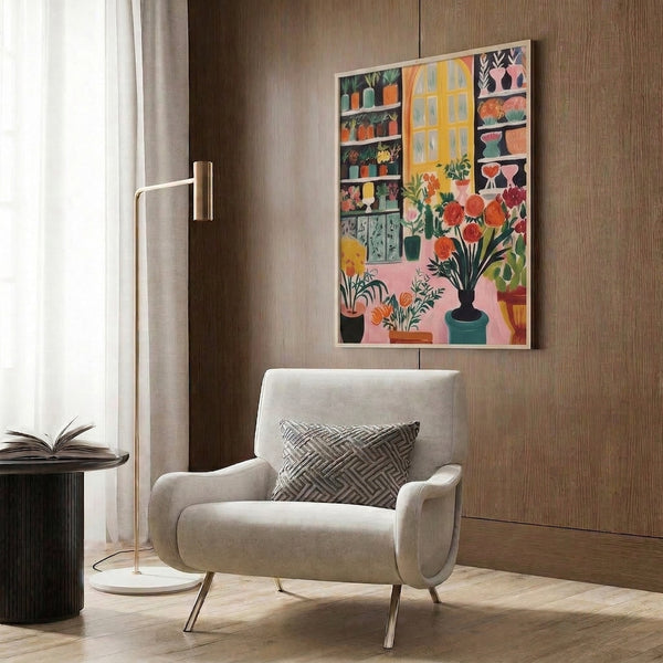 Contemporary plant shelf poster in vibrant hues of pink, yellow, and green depicting a cheerful collection of potted flowers and succulents in a minimalist interior setting.