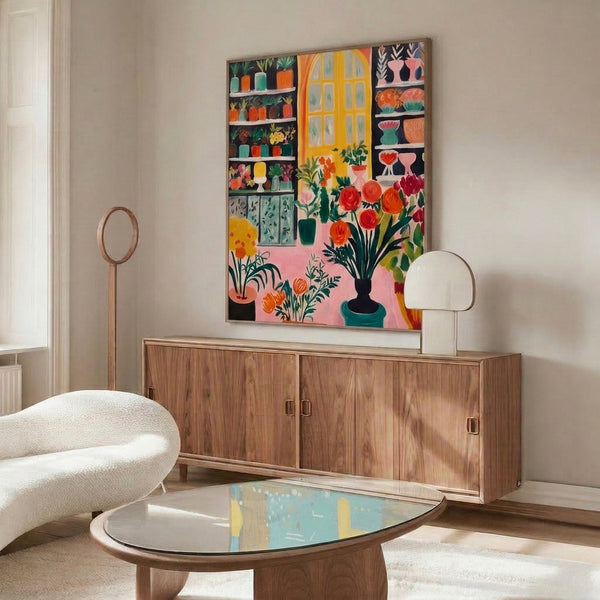 Cozy botanical interior art print showing an organized window-side plant collection with roses, cacti, and vases rendered in modern minimalist style with warm colors.