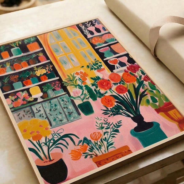 Minimalist floral and plant poster featuring a bright domestic shelf garden with arranged blooms and potted botanicals in cheerful pink, orange, and green tones.