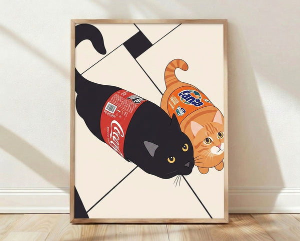 Pop art framed poster featuring a playful black cat with red and orange soda cans in a modern line art style, blending humor and vibrant color against a cream background.