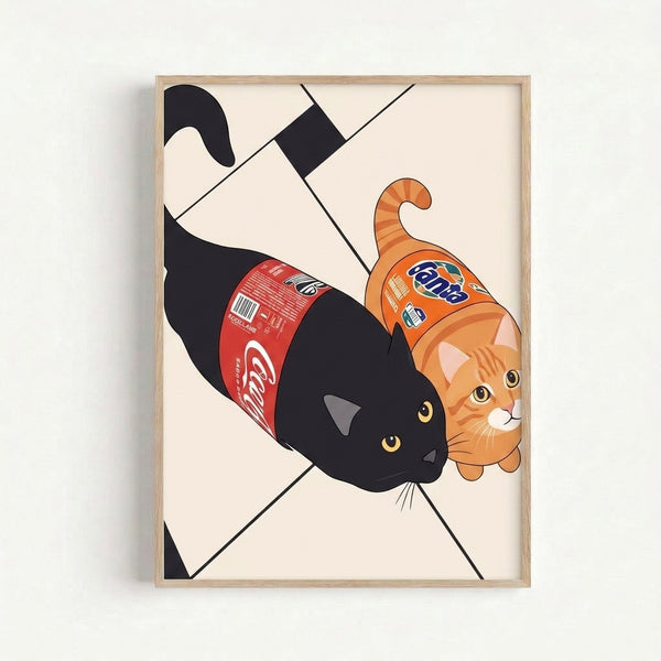 Quirky framed wall art of a black cat surrounded by beverage bottles in bold pop art style, with red, orange, and blue accents creating a humorous, contemporary design.