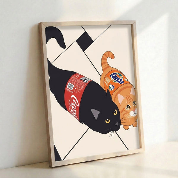 Modern line art poster showing a black cat playfully interacting with Coca-Cola and Fanta cans, rendered in a fun pop art aesthetic with warm and cool color tones.