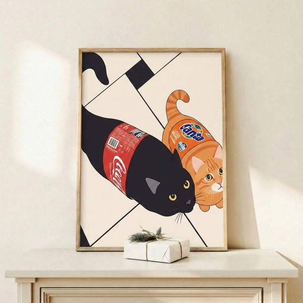 Framed pop art print of a mischievous black cat among colorful soda cans, combining playful line work with bright reds, oranges, and blues on a cream base.