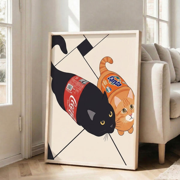 Black cat pop art poster with a humorous take on soda culture, featuring bold lines and a vibrant palette of red, orange, and blue accents for modern wall decor.