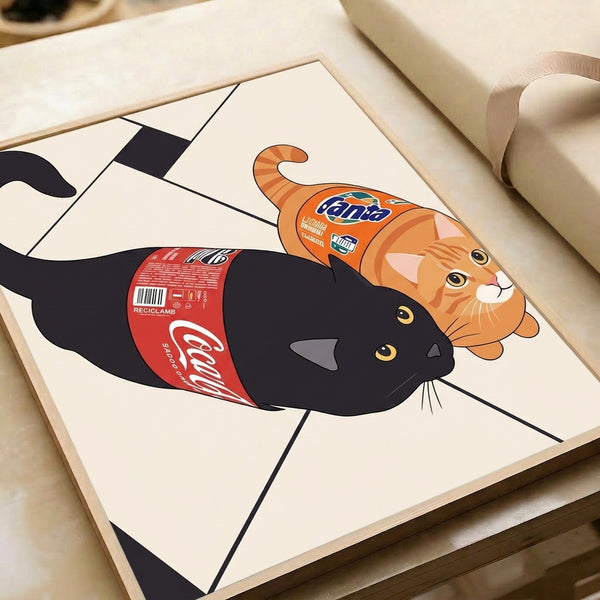 Playful framed wall art depicting a black cat with soda bottles rendered in contemporary pop art style with cream, red, orange, and blue color blocking.