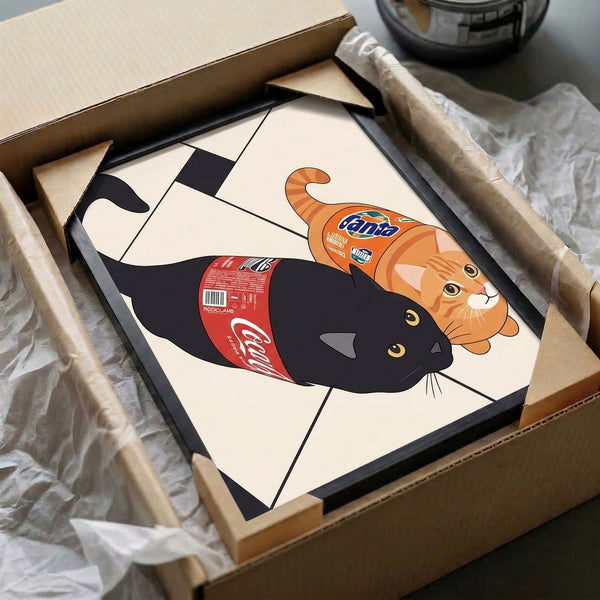 Humorous pop art framed poster of a black cat surrounded by beverage cans, drawn in modern line art with a quirky charm and striking color palette.