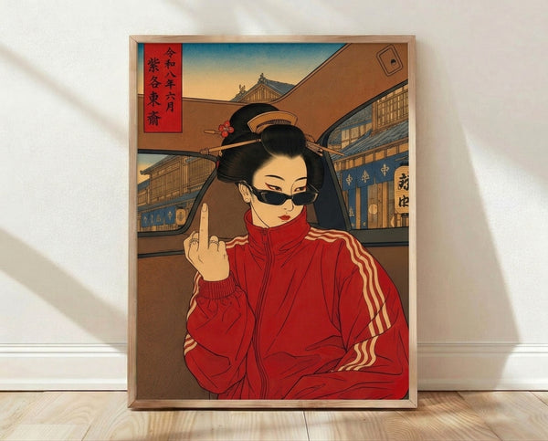 Bold Japanese woodblock-style poster of a confident woman in sunglasses and red jacket with gold accents, blending traditional geisha aesthetics with edgy Y2K punk attitude.