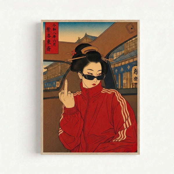 Framed art print featuring a modern geisha figure in oversized sunglasses and tan-and-red tracksuit jacket against an urban building backdrop with Japanese calligraphy, neo-retro fusion style.