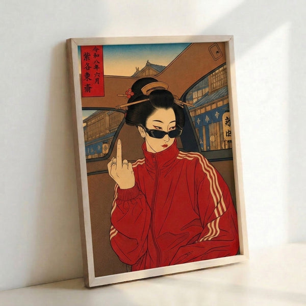 Contemporary woodblock poster merging Showa-era aesthetics with punk energy: sunglassed woman in bold red and black tones with gold highlights and architectural elements.