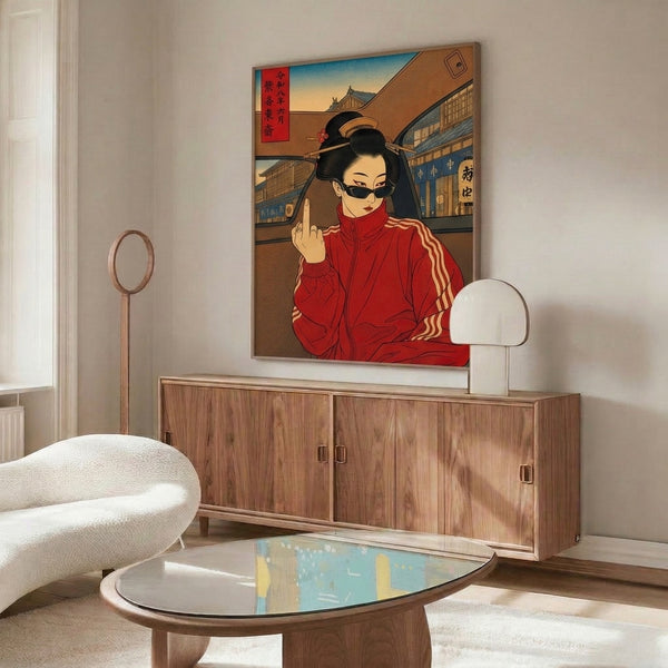 Neo-retro Japanese woodblock poster of a bold woman in oversized sunglasses and jacket, combining classic Showa illustration with contemporary Y2K punk energy in warm earth and jewel tones.