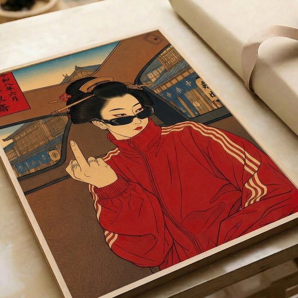 Contemporary fusion artwork in woodblock style: confident sunglassed figure in red and tan jacket with gold accents, building silhouette, and Japanese script detailing.