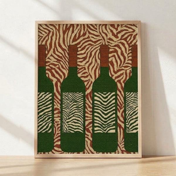 Minimalist Bauhaus poster featuring stylized wine bottles with zebra stripe patterns in burgundy, forest green, and cream tones, framed on a wall.